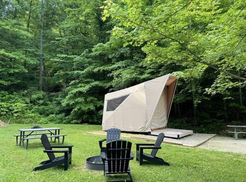 Modern Safari Tent Rental with AC and Trails in Grayson, Kentucky